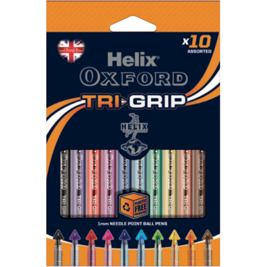 Helix Oxford Tri Grip assorted coloured or all black ball pens pack 10